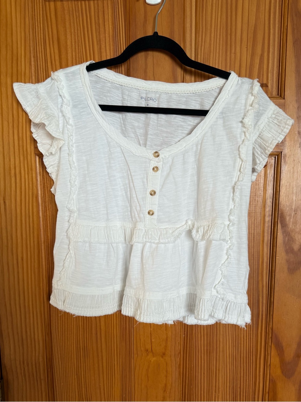 Pilcro White Ruffle Button-Front Crop Top, Size Medium